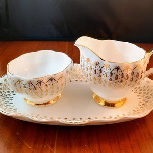 Antique Queen Anne 'Duchess Raindrops' Sugar Bowl & Saucer, Tray Bone China